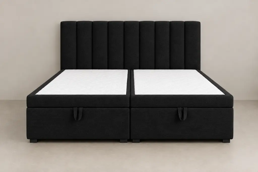 Boxspring 200 × 200 cm, tête de lit Lignes verticales, tissu Noir