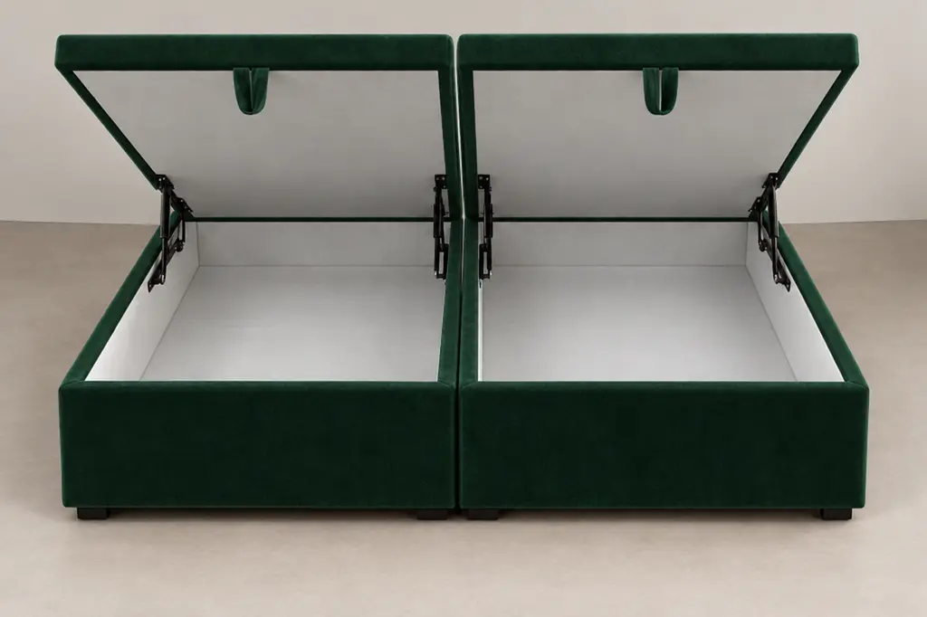Coffre de rangement ouvert d’un boxspring 180 × 200 cm, tissu Velours vert bouteille