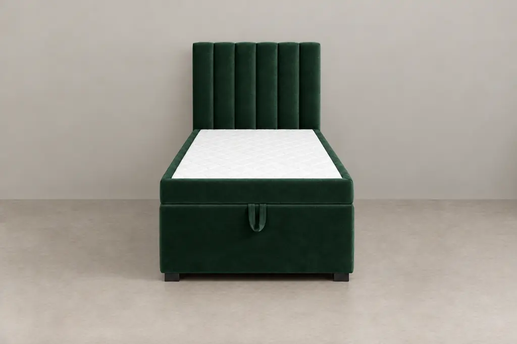 Boxspring 90 × 200 cm, tête de lit Lignes verticales, tissu Velours vert bouteille