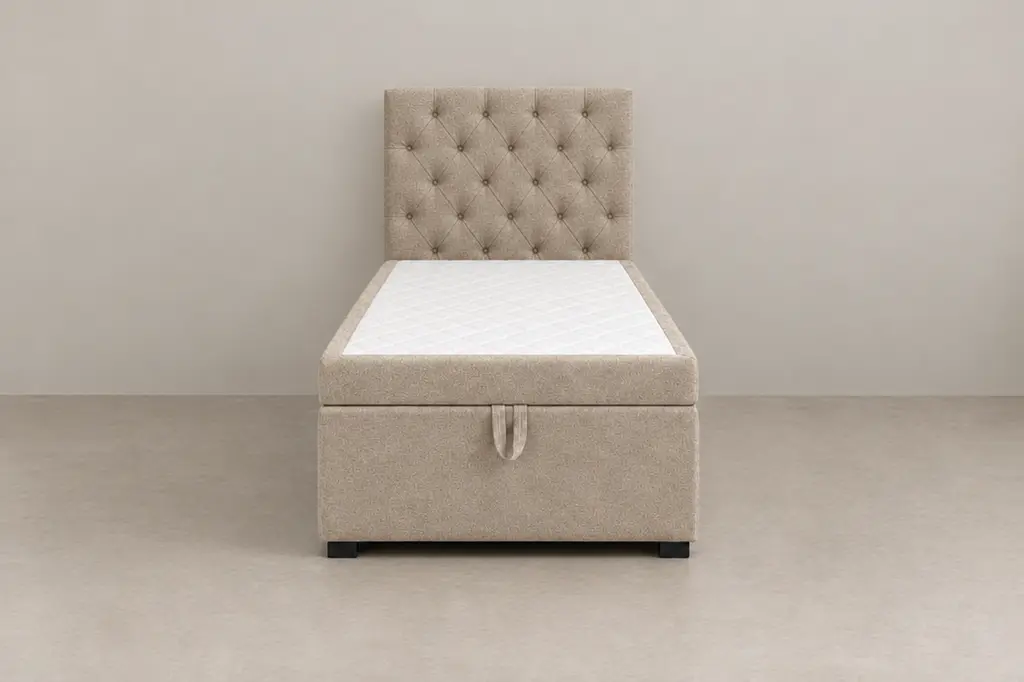 Boxspring 90 × 200 cm, tête de lit Capitonné, tissu Beige