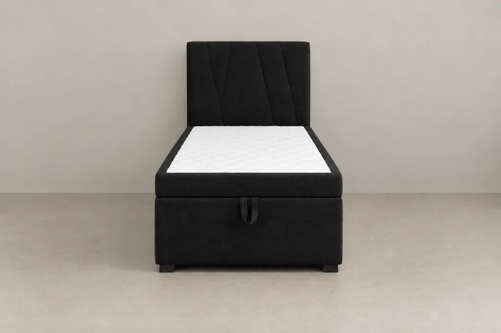 Boxspring 90 × 200 cm, tête de lit Coutures diagonales, tissu Noir